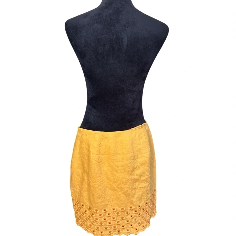Michael Kors Yellow Linen Skirt Size 10 Eyelet Floral Hem Embroidered